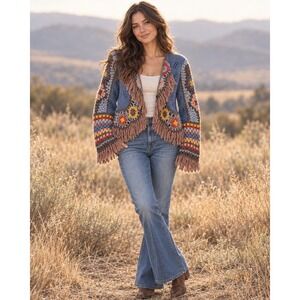 Peruvian Connection Lookout Mountain Bolero Alpaca Crochet Fringe Cardigan Boho
